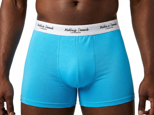 Larimar boxer brief worn, front view, bright blue with white Marbles & Diamonds London waistband